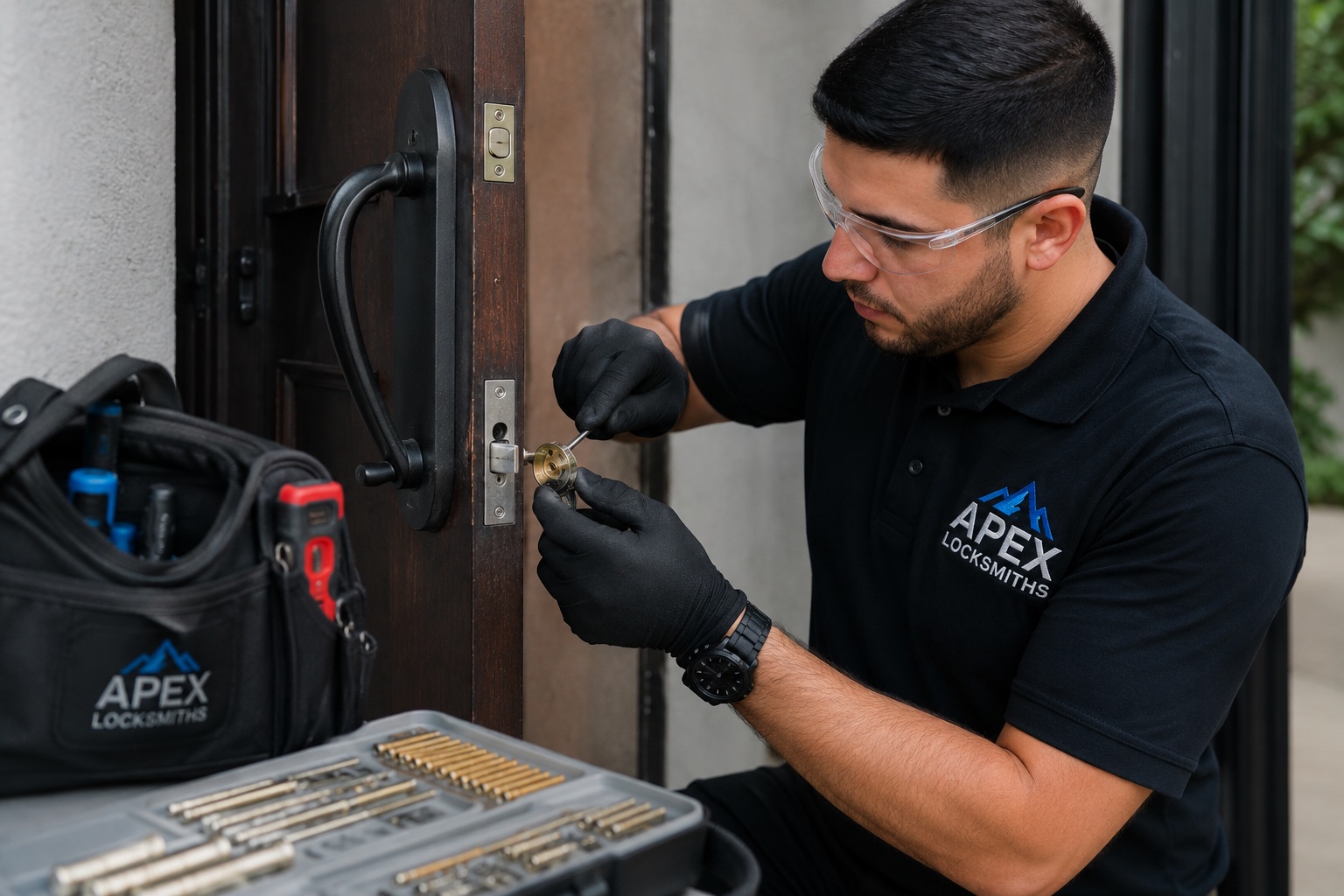Emergency locksmith picking a door lock during a late-night lockout in Charleston